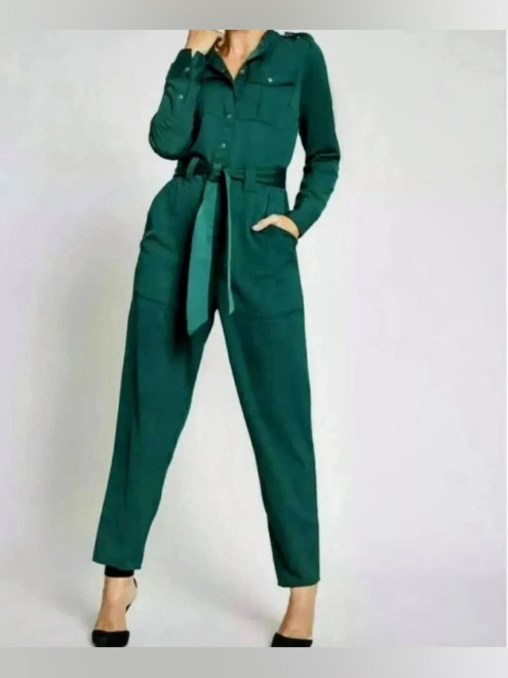 Harpenne Women's Emerald Green Utility Jumpsuit with Self Tie Waist